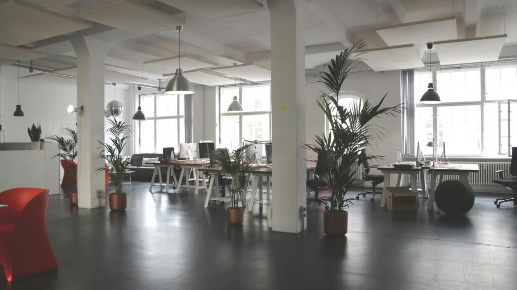 pexels photo 380768 380768 Spacious modern office interior with desks, plants, and natural lighting in Berlin.
